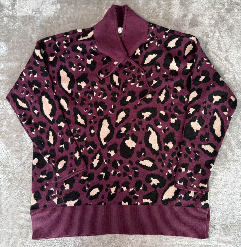 Loft Lou & Grey Burgundy Leopard Print Cowl Neck Sweater Womens XL Casual Cozy